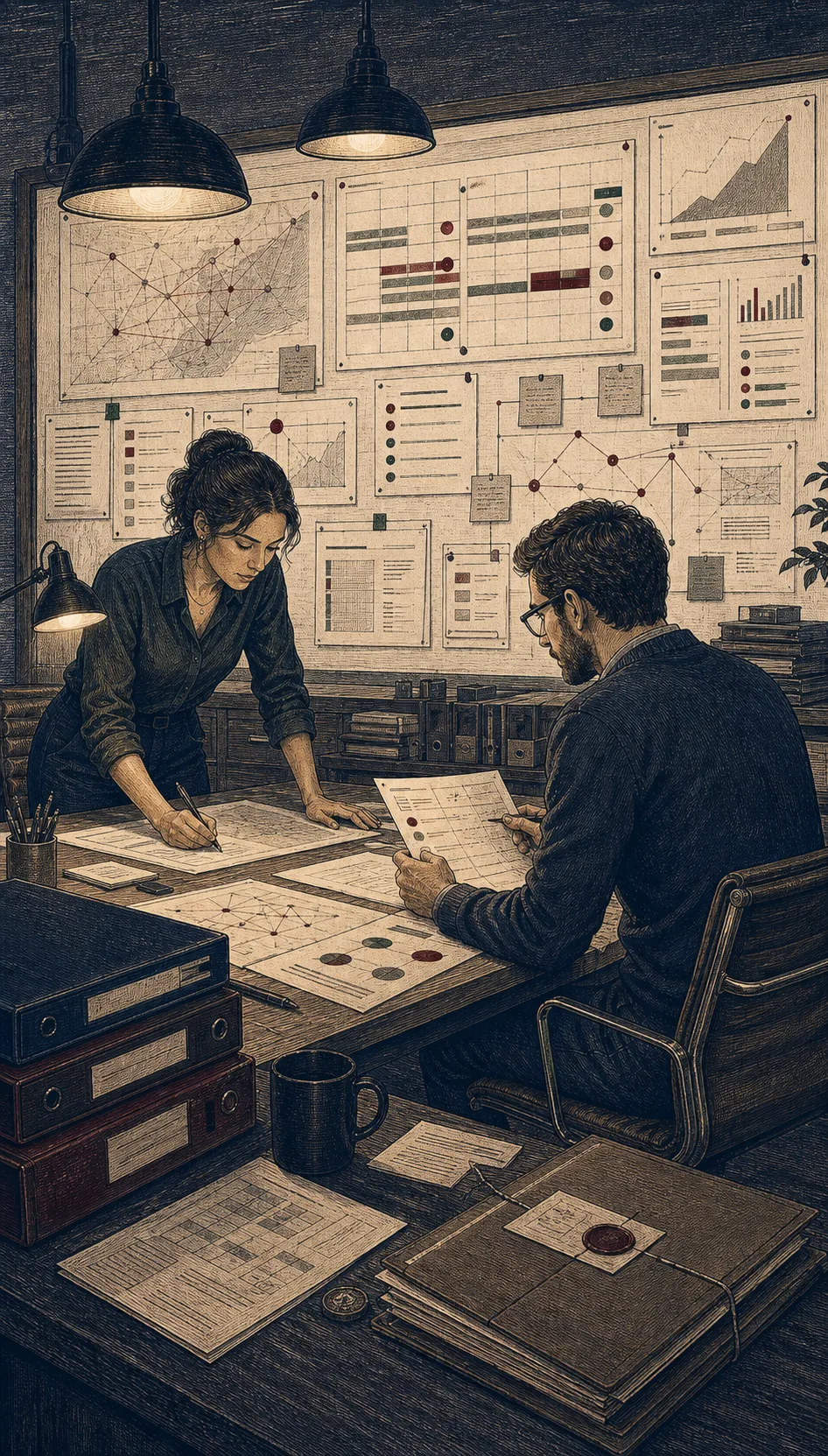 Two operators preparing a launch plan with evidence, risk markers, owner maps, and next actions.