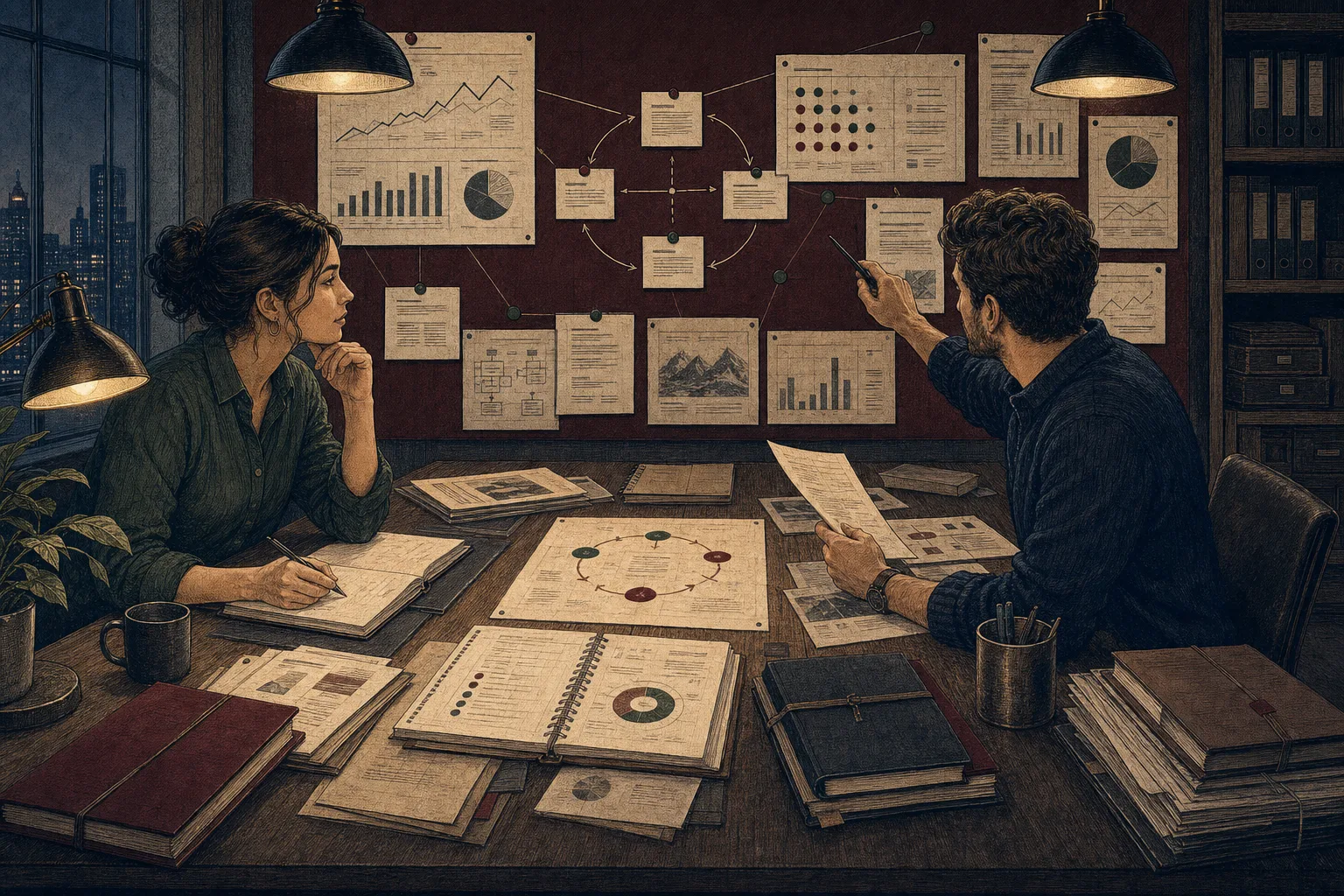Two operators reviewing evidence, decision notes, open risks, and implementation questions.