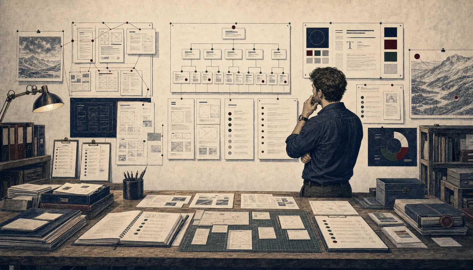 An operator reviewing a website production wall with sitemap cards, copy notes, proof marks, and launch material.