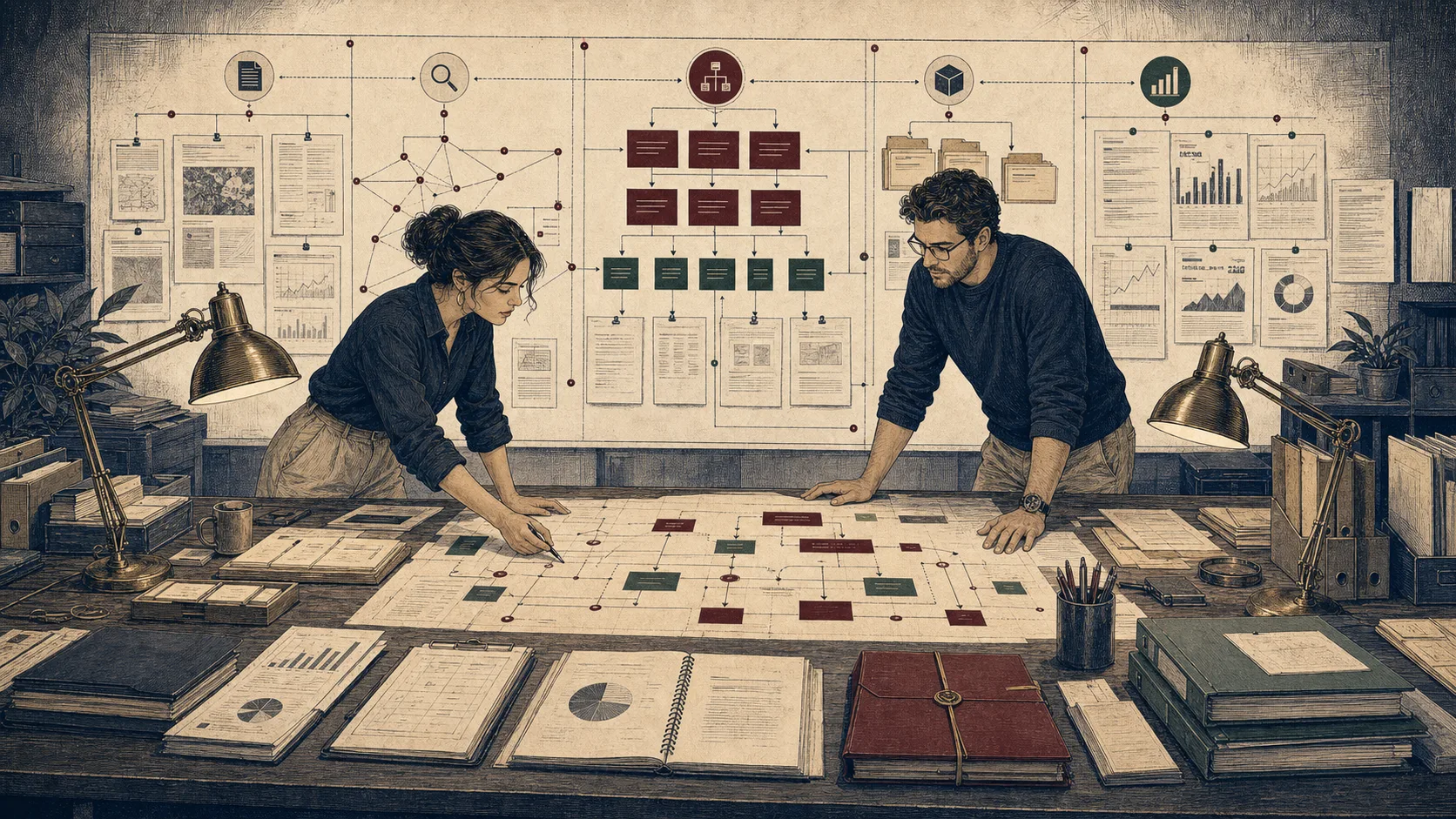 Two operators mapping trusted sources into workflow routes, reviewable outputs, and supported next work.