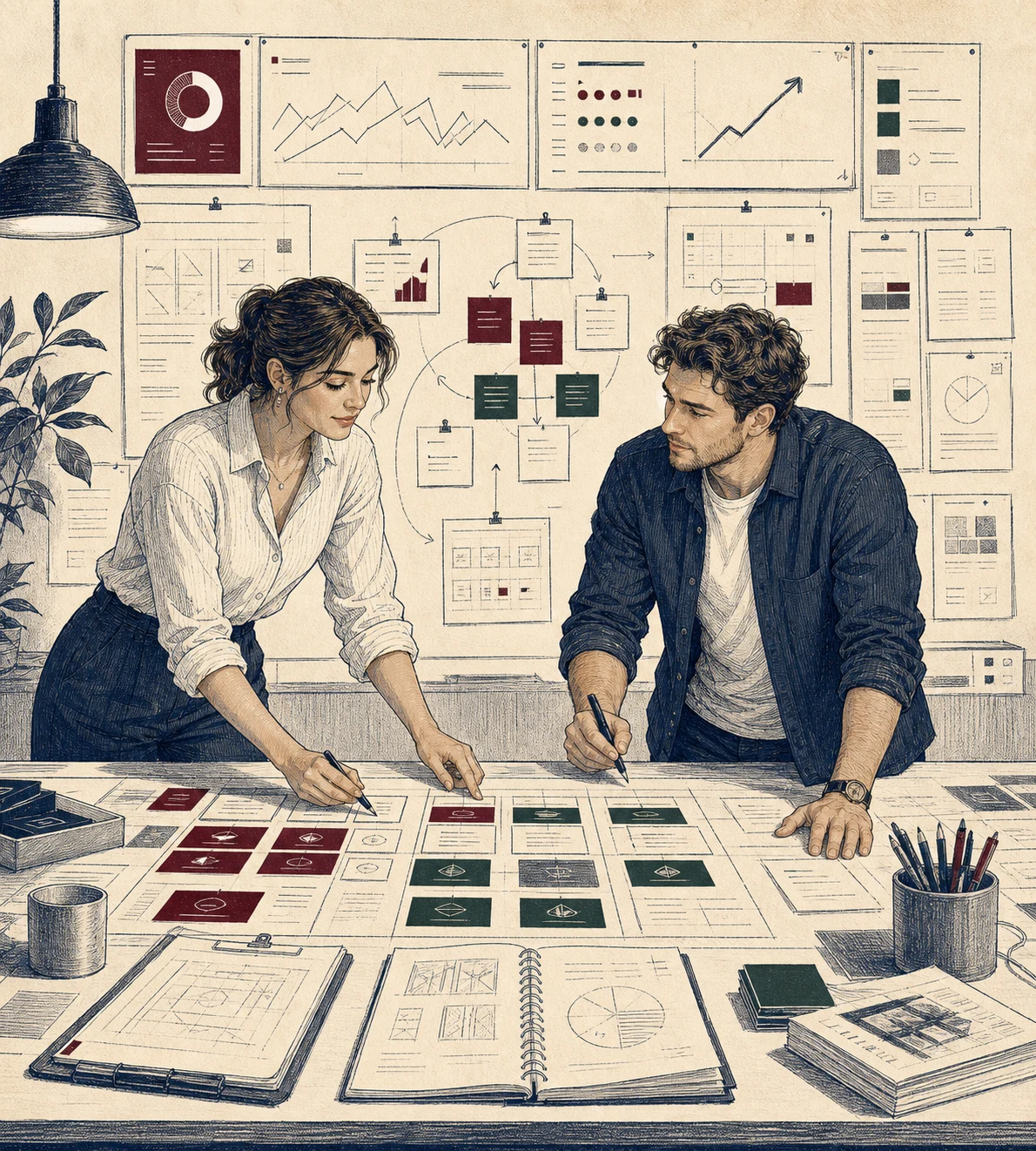 Two operators reviewing campaign priorities, evidence boards, and execution notes in an editorial command room.