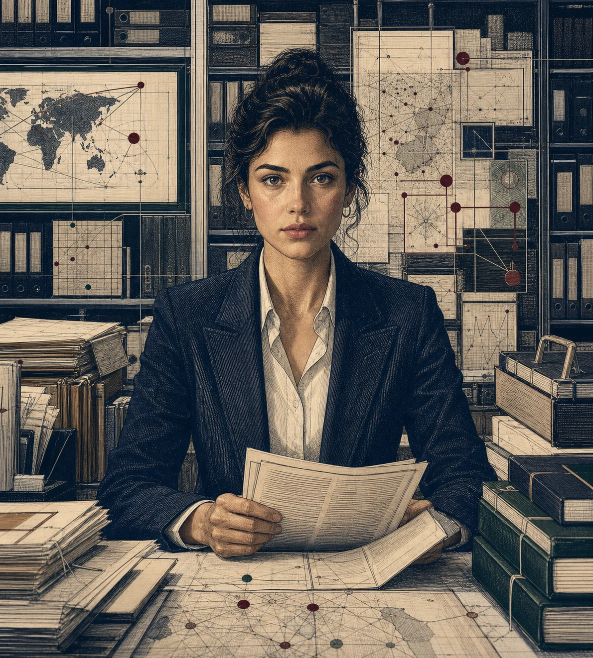 An operator reviewing source material, market memory, and evidence maps in a structured archive room.